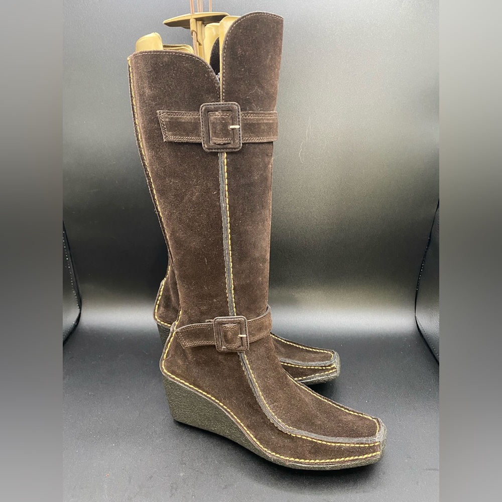 Pons Quintana Tall Brown Suede Zip-Up Wedge Boots w/ Buckles, Excellent! - Picture 5 of 12
